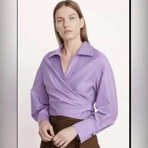 NEW Vince Purple Long-Sleeve Tie-Back Collared Cropped Shirt